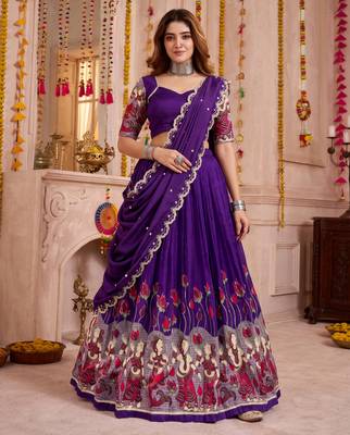 Purple Tussar Silk Navratri Lehenga Choli Dupatta Set 1