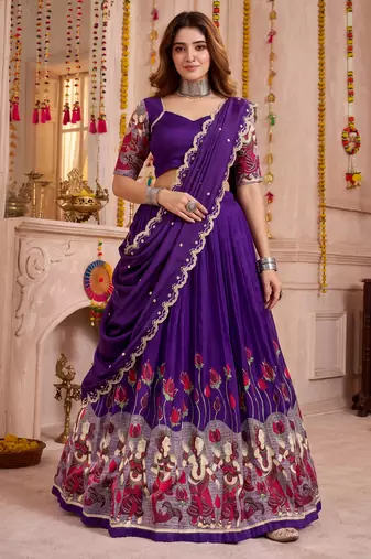 Purple Tussar Silk Navratri Lehenga Choli Dupatta Set