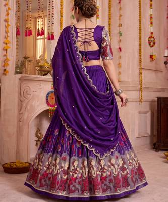Purple Tussar Silk Navratri Lehenga Choli Dupatta Set 2