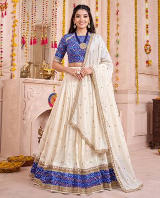 Off White Vichitra Silk Navratri Special Premium Designer Lehenga Choli Dupatta Set 1