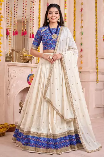 Off White Vichitra Silk Navratri Special Premium Designer Lehenga Choli Dupatta Set