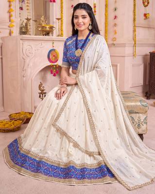 Off White Vichitra Silk Navratri Special Premium Designer Lehenga Choli Dupatta Set 2