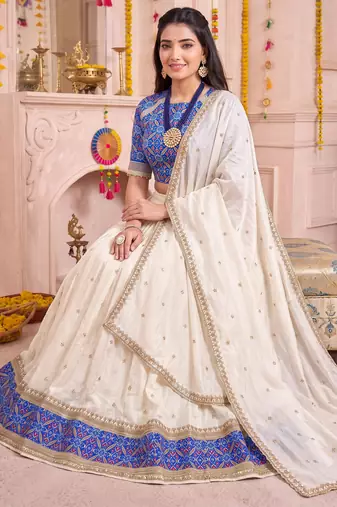 Off White Vichitra Silk Navratri Special Premium Designer Lehenga Choli Dupatta Set