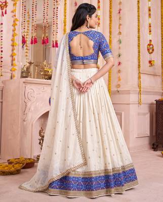 Off White Vichitra Silk Navratri Special Premium Designer Lehenga Choli Dupatta Set 3