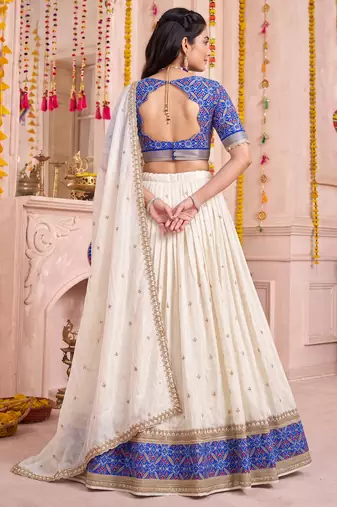 Off White Vichitra Silk Navratri Special Premium Designer Lehenga Choli Dupatta Set