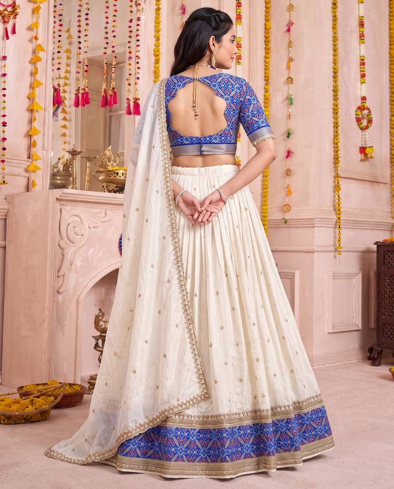 Off White Vichitra Silk Navratri Special Premium Designer Lehenga Choli Dupatta Set