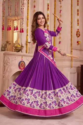 Purple Rayon Navratri Lehenga Choli Dupatta Set