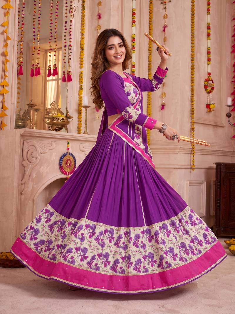 Purple Rayon Navratri Lehenga Choli Dupatta Set