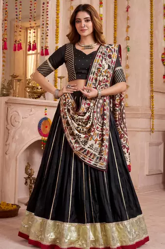 Black Chanderi Navratri Lehenga Choli Dupatta Set