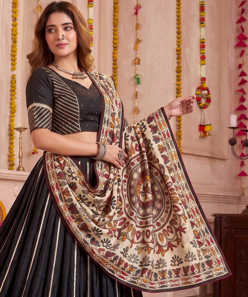 Black Chanderi Navratri Lehenga Choli Dupatta Set
