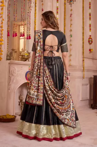 Black Chanderi Navratri Lehenga Choli Dupatta Set