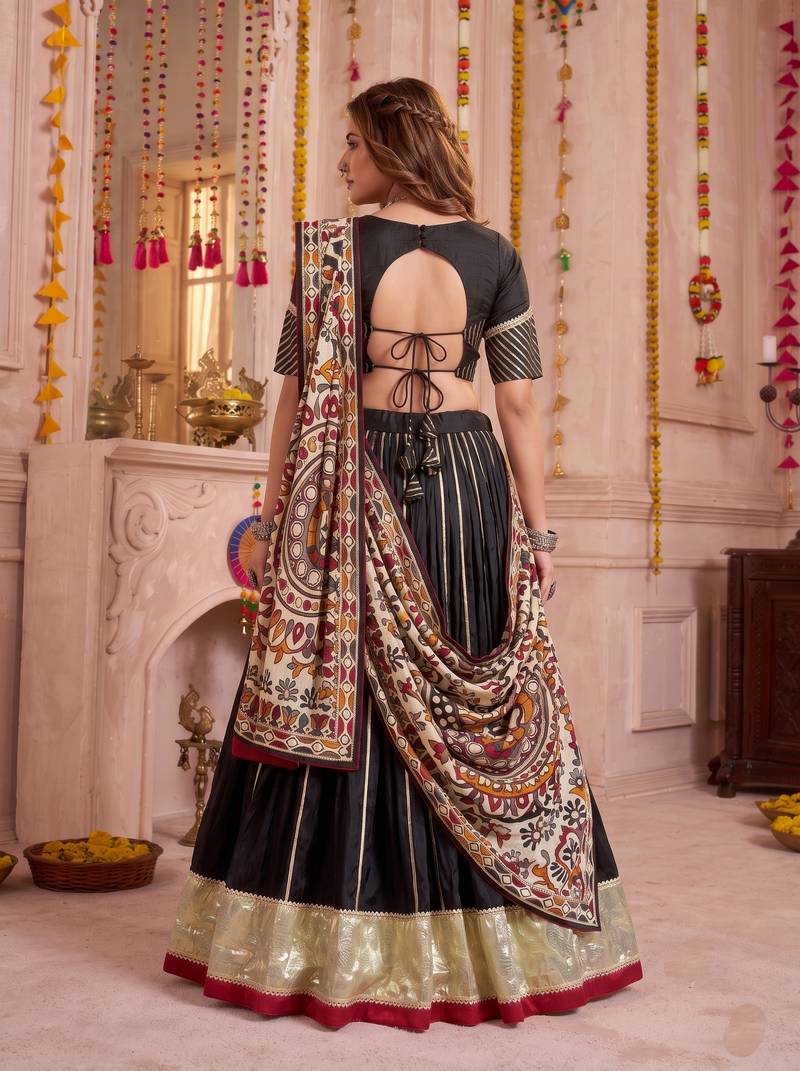 Black Chanderi Navratri Lehenga Choli Dupatta Set