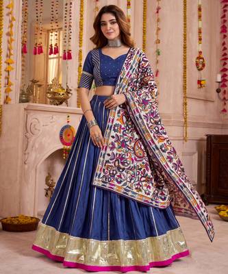 Blue Chanderi Navratri Lehenga Choli Dupatta Set 1