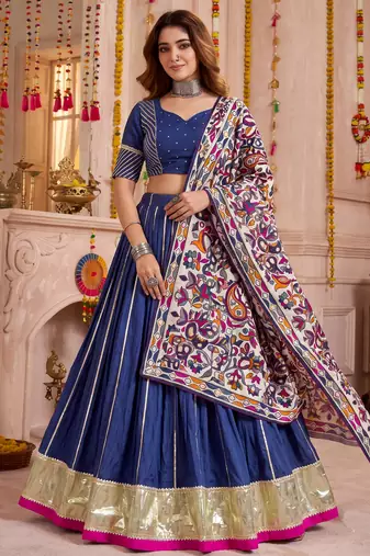 Blue Chanderi Navratri Lehenga Choli Dupatta Set