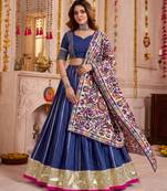 Blue Chanderi Navratri Lehenga Choli Dupatta Set