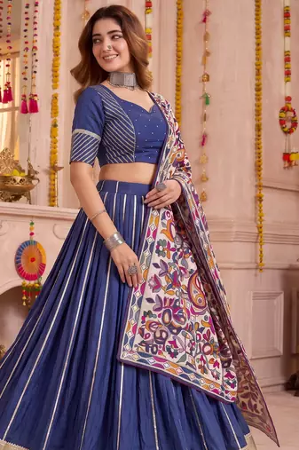 Blue Chanderi Navratri Lehenga Choli Dupatta Set