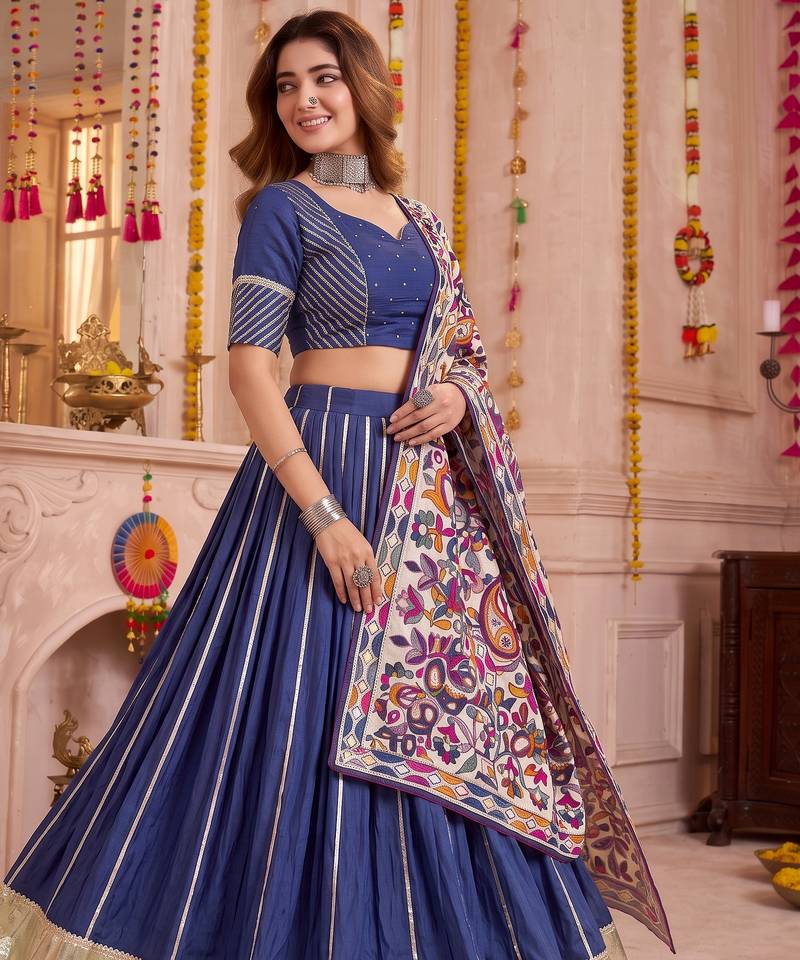 Blue Chanderi Navratri Lehenga Choli Dupatta Set