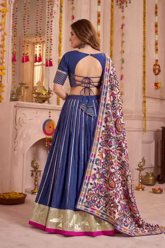 Blue Chanderi Navratri Lehenga Choli Dupatta Set