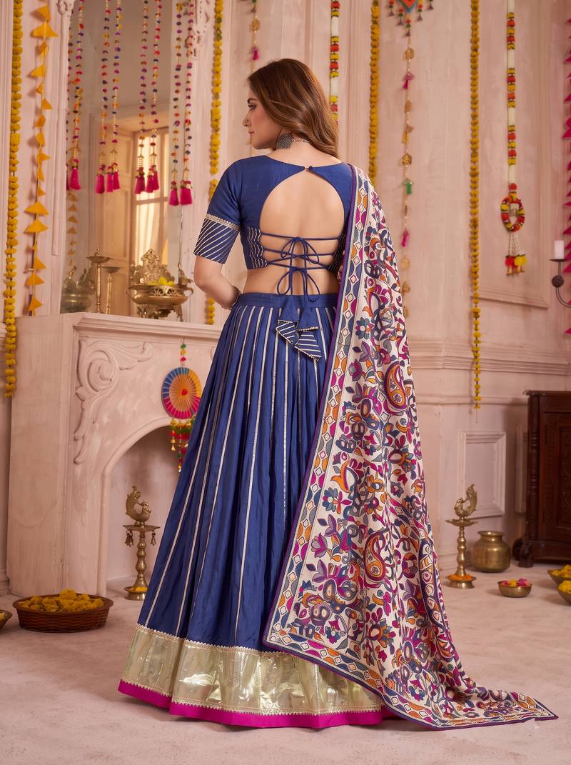 Blue Chanderi Navratri Lehenga Choli Dupatta Set