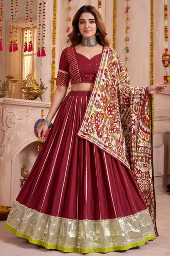 Maroon Pure Chanderi Navratri Special Premium Designer Lehenga Choli Dupatta Set