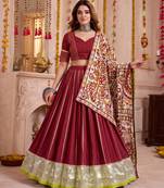 Maroon Pure Chanderi Navratri Special Premium Designer Lehenga Choli Dupatta Set