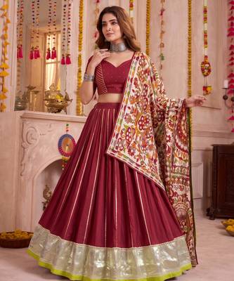 Maroon Pure Chanderi Navratri Special Premium Designer Lehenga Choli Dupatta Set 2