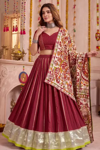 Maroon Pure Chanderi Navratri Special Premium Designer Lehenga Choli Dupatta Set