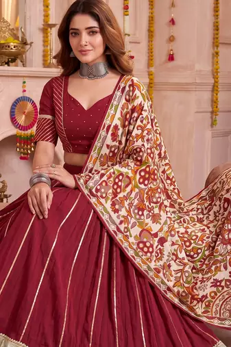 Maroon Pure Chanderi Navratri Special Premium Designer Lehenga Choli Dupatta Set