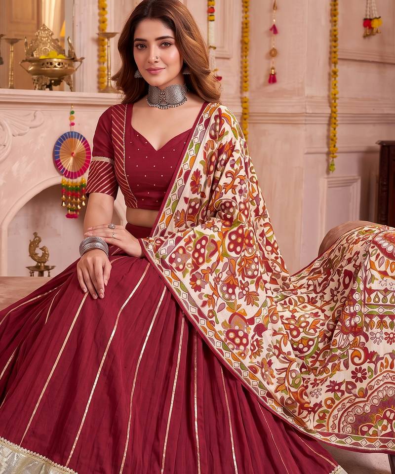 Maroon Pure Chanderi Navratri Special Premium Designer Lehenga Choli Dupatta Set
