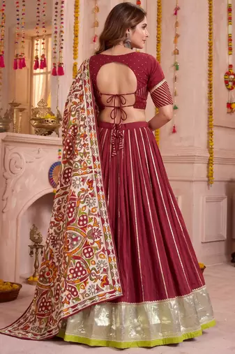Maroon Pure Chanderi Navratri Special Premium Designer Lehenga Choli Dupatta Set
