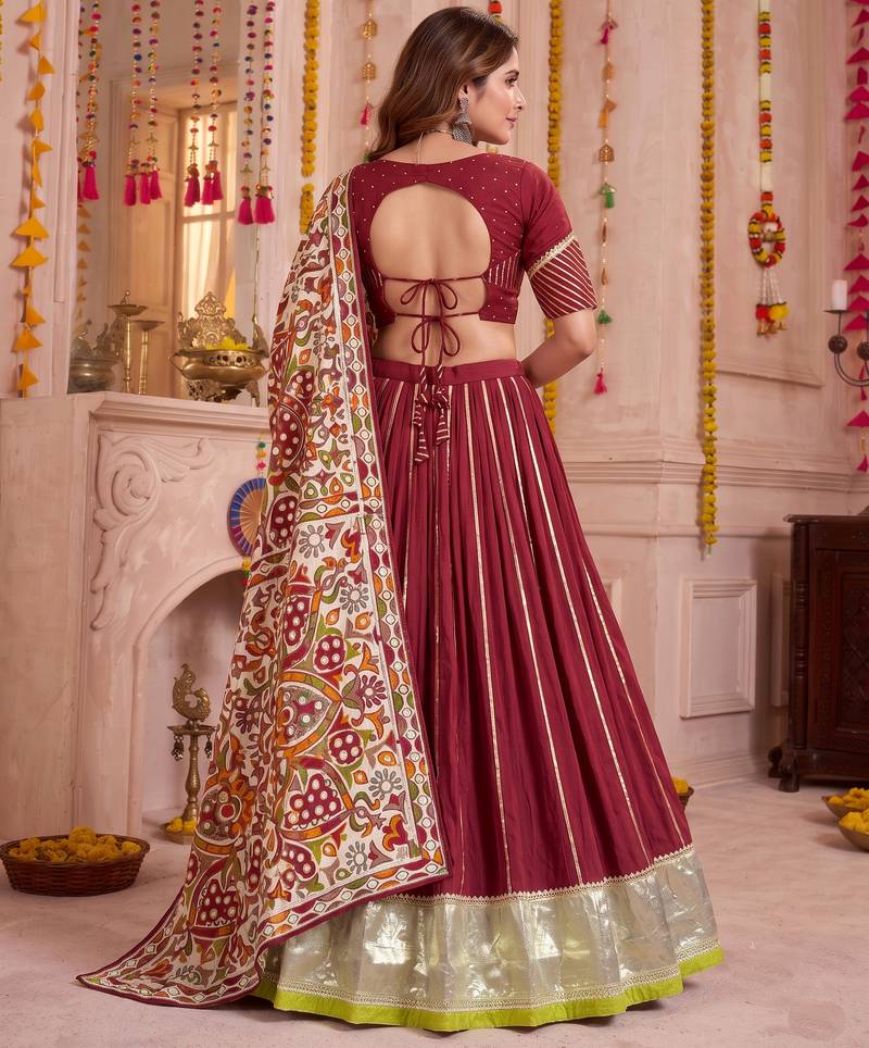 Maroon Pure Chanderi Navratri Special Premium Designer Lehenga Choli Dupatta Set