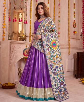 Purple Chanderi Navratri Lehenga Choli Dupatta Set 1