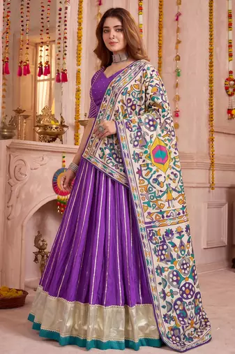 Purple Chanderi Navratri Lehenga Choli Dupatta Set