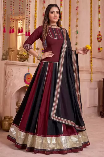 Multicolor Chinon Navratri Lehenga Choli Dupatta Set