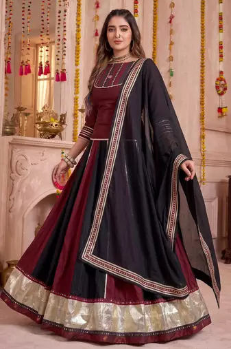 Multicolor Chinon Navratri Lehenga Choli Dupatta Set