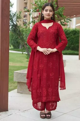 maroon color embroidery work gerogette salwar suit