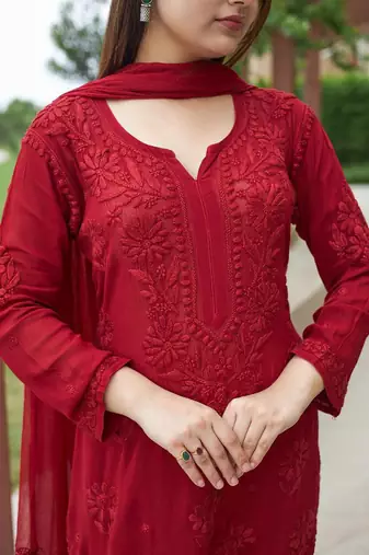 maroon color embroidery work gerogette salwar suit