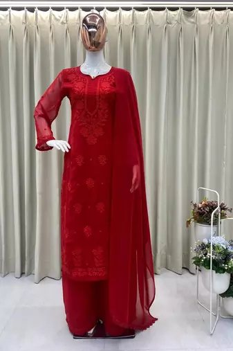 maroon color embroidery work gerogette salwar suit