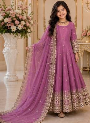 Mauve fendy silk with sequence embroidery work kids gown bottom and dupatta set 1