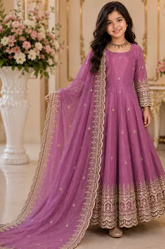 Mauve fendy silk with sequence embroidery work kids gown bottom and dupatta set