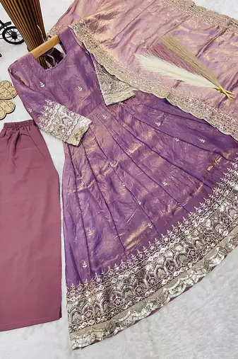 Mauve fendy silk with sequence embroidery work kids gown bottom and dupatta set