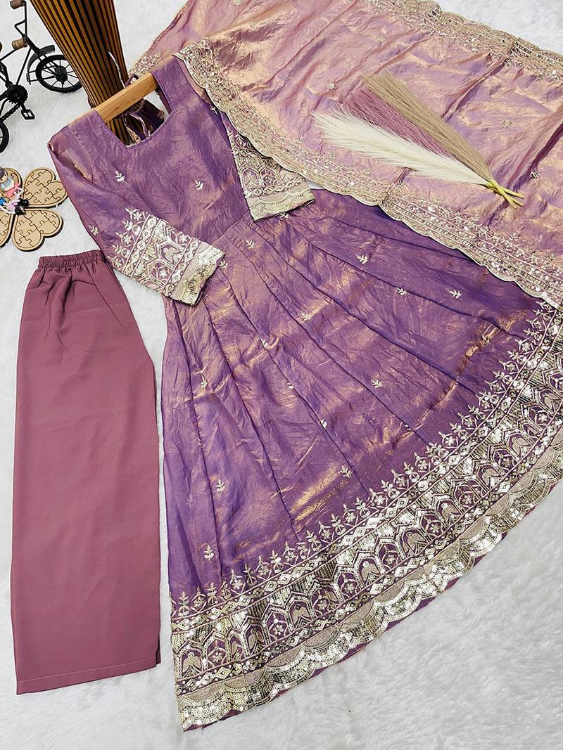Mauve fendy silk with sequence embroidery work kids gown bottom and dupatta set