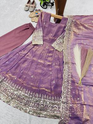 Mauve fendy silk with sequence embroidery work kids gown bottom and dupatta set 3