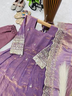 Mauve fendy silk with sequence embroidery work kids gown bottom and dupatta set 4