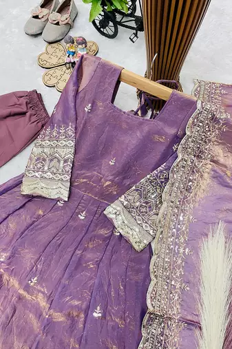 Mauve fendy silk with sequence embroidery work kids gown bottom and dupatta set