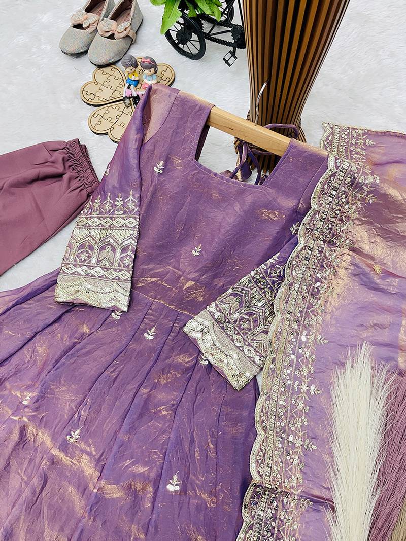 Mauve fendy silk with sequence embroidery work kids gown bottom and dupatta set