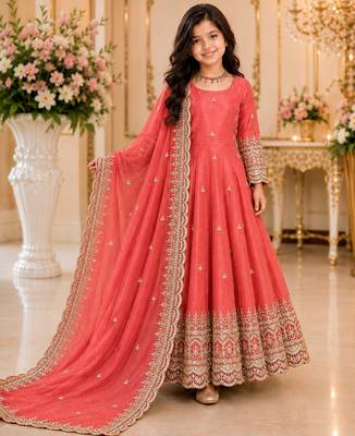 Orange fendy silk with sequence embroidery work kids gown bottom and dupatta set 1
