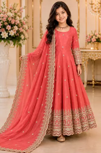 Orange fendy silk with sequence embroidery work kids gown bottom and dupatta set