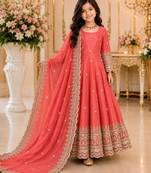 Orange fendy silk with sequence embroidery work kids gown bottom and dupatta set