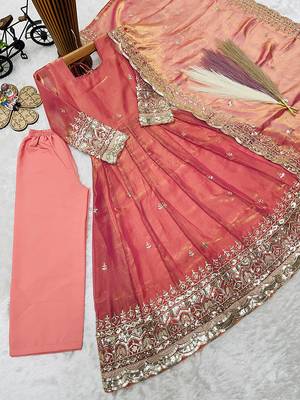 Orange fendy silk with sequence embroidery work kids gown bottom and dupatta set 2
